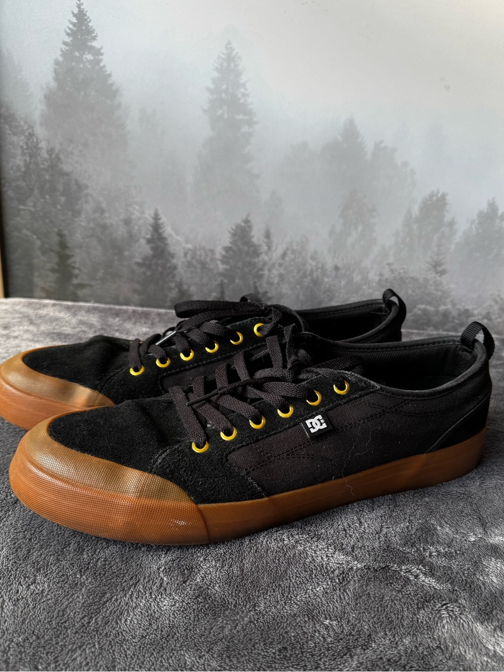 DC Men’s Black Sneakers with Gum Sole and Yellow Eyelets